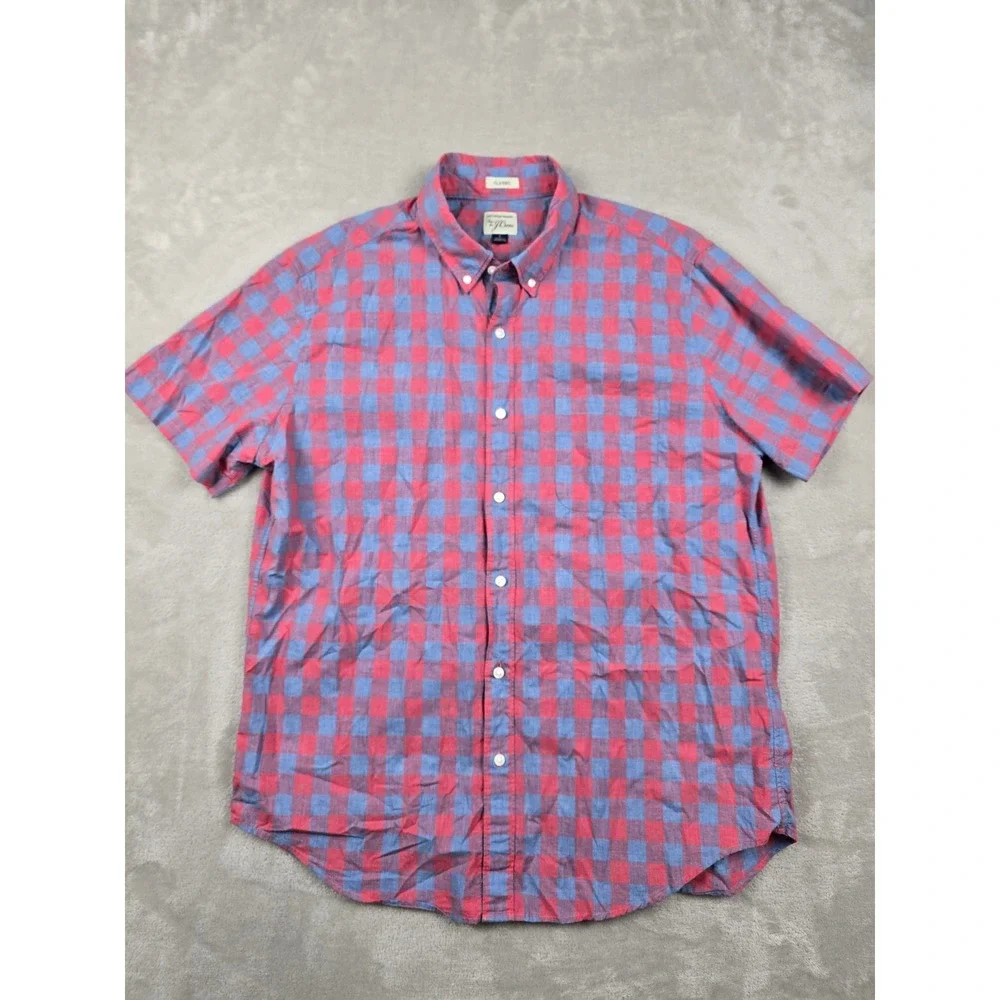 J. Crew Button Down Shirt Mens Large Red Blue Gingham Check Short Sleeve Classic